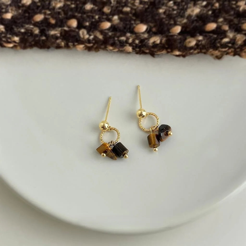 Natural Tiger Eye Stone Geometric Drop Earrings Old Money Minimalist Designer Jewelry For Women