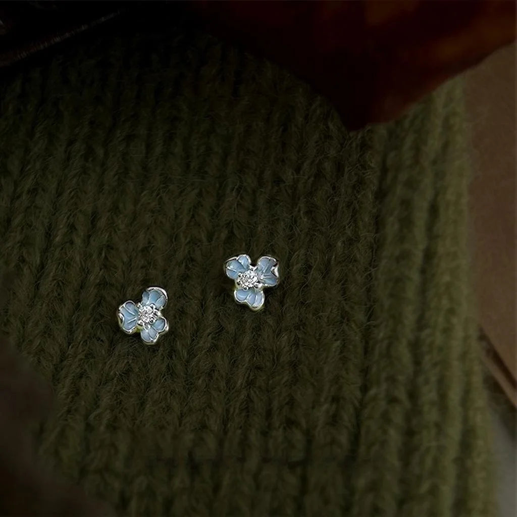Petite Blue Iris Flower Stud Earrings Copper Zircon Enamel Chic Jewelry