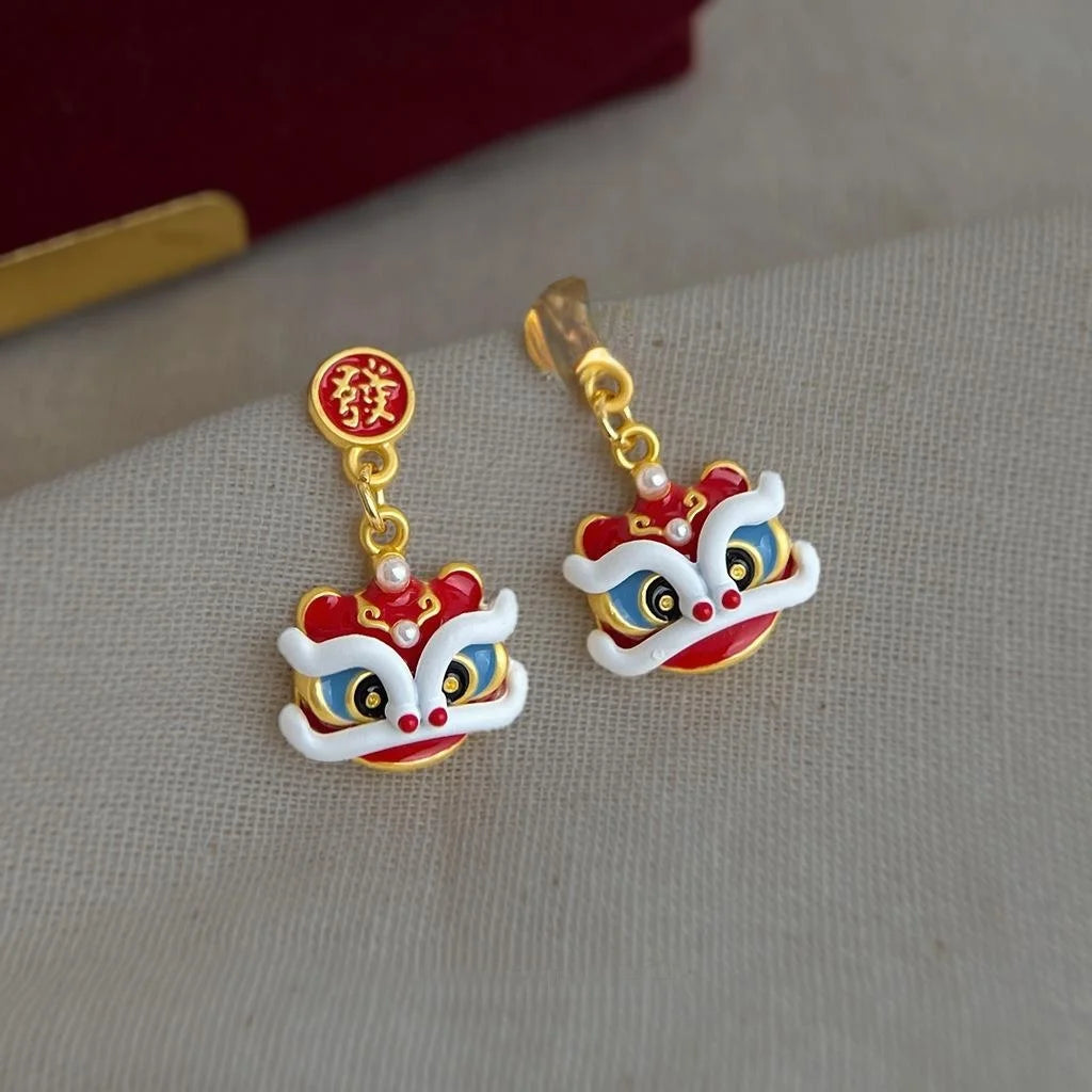 Hand Painted Copper Lion Dance Drop Earrings New Chinese Ethnic Year Of Horse Geometric Jewelry