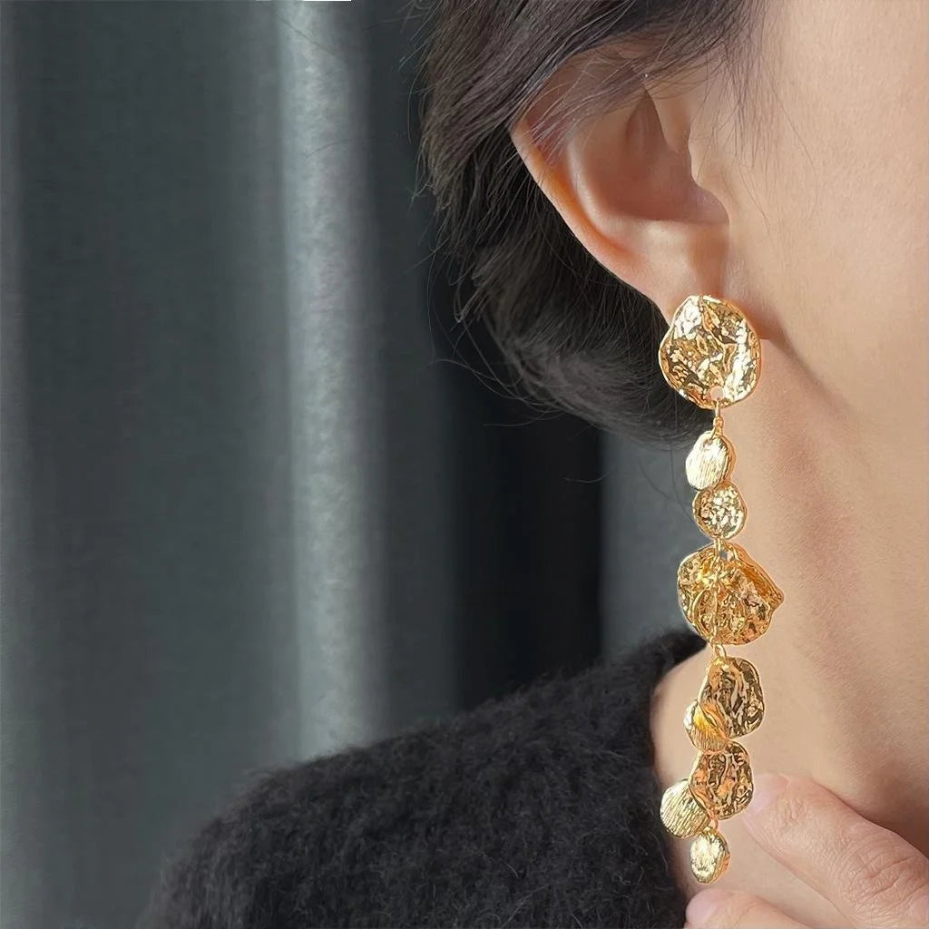 14K Gold Plated Floral Petal Tassel Drop Earrings, Luxury Statement Style