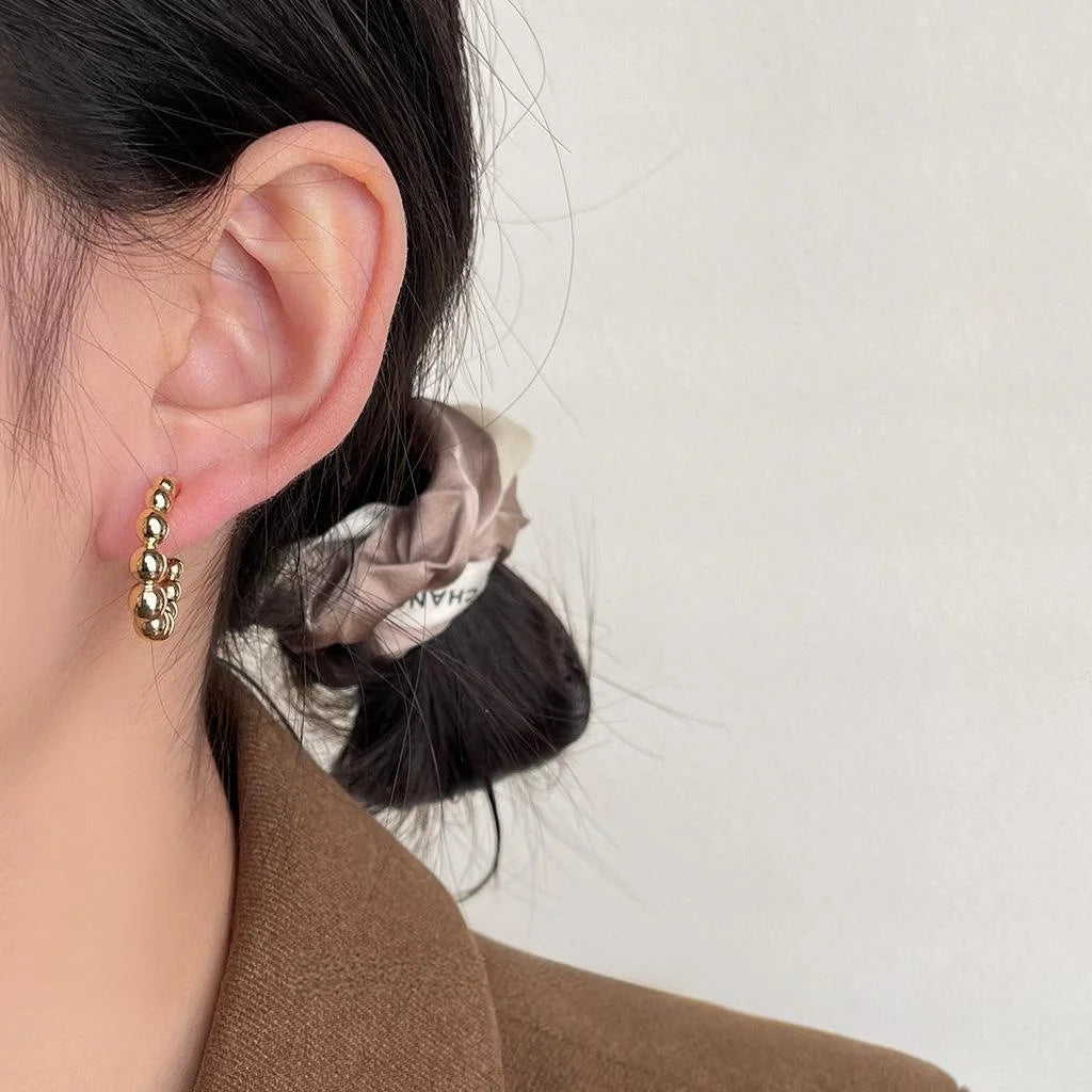European Style Copper Geometric Hoop Drop Earrings With Gold Bead Ring Design