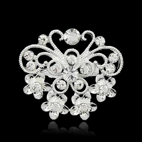 Elegant Small Butterfly Rhinestone Alloy Brooch, Sparkling Silver Floral Lapel Pin Corsage Gift