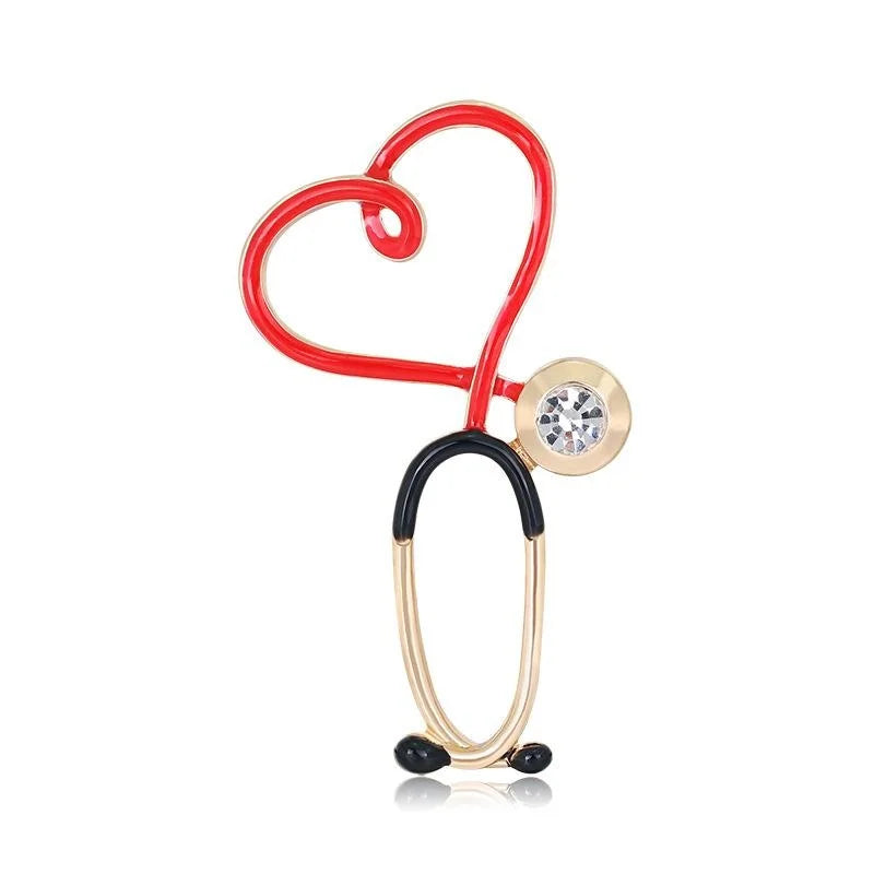 Cute Enamel Alloy Nurse Stethoscope Heart Brooch With Rhinestone Accent, Medical Lapel Pin Suit Accessory Gift