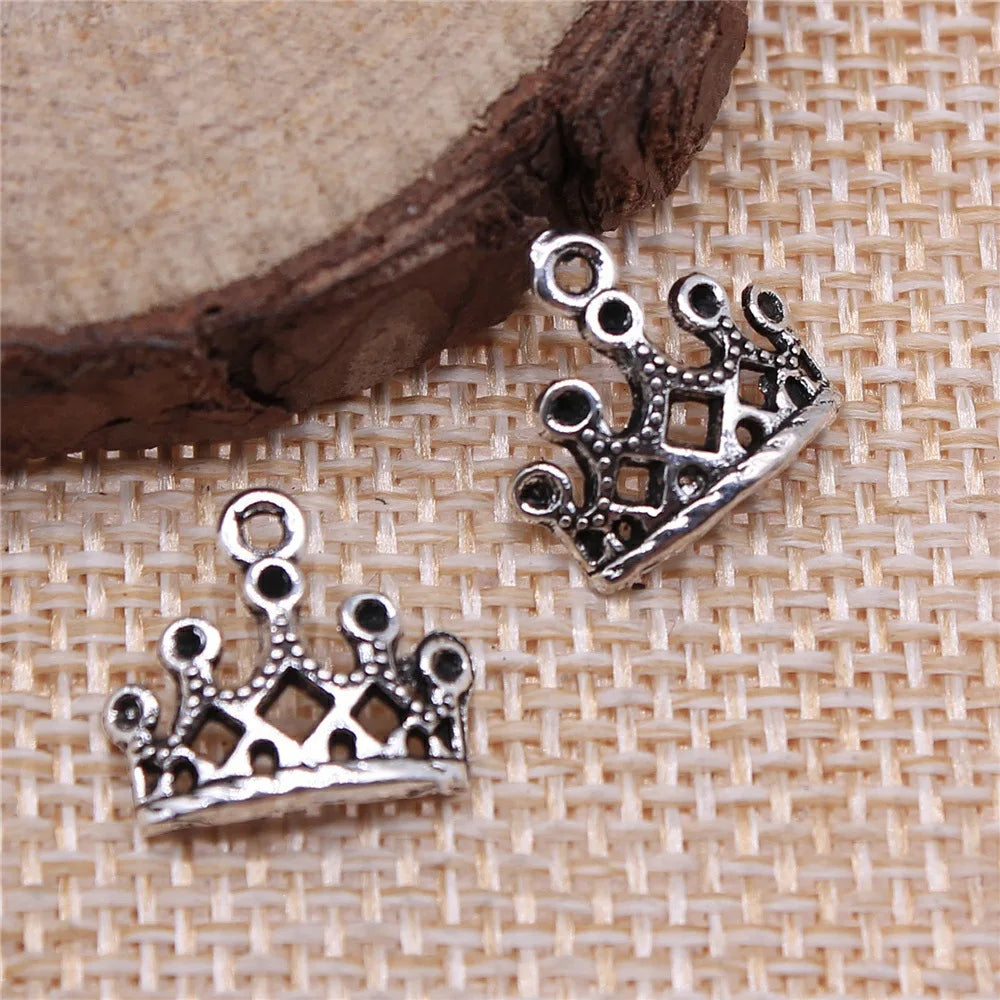 13x11mm 0.6g Antique Silver Crown Charm Pendant with Crystal Detail for DIY Clothing Jewelry Making