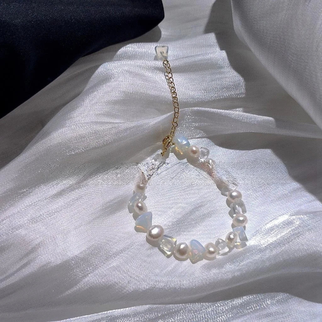 14K Gold Plated Glass Moonstone Pearl Bracelet French Vintage Geometric Circle Jewelry