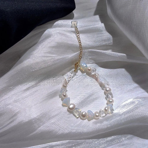 14K Gold Plated Glass Moonstone Pearl Bracelet French Vintage Geometric Circle Jewelry