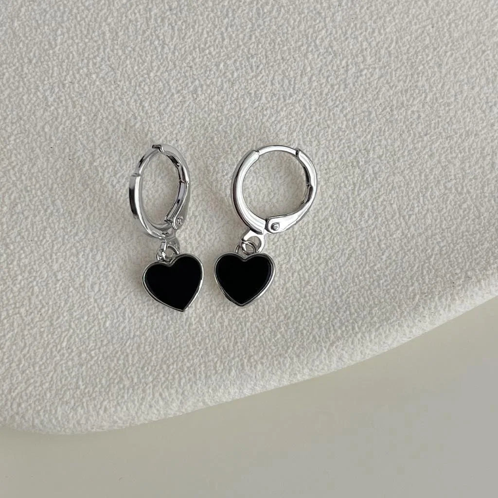 Sweet Cool Black Enamel Heart Copper Drop Earrings Minimalist Versatile Daily Jewelry