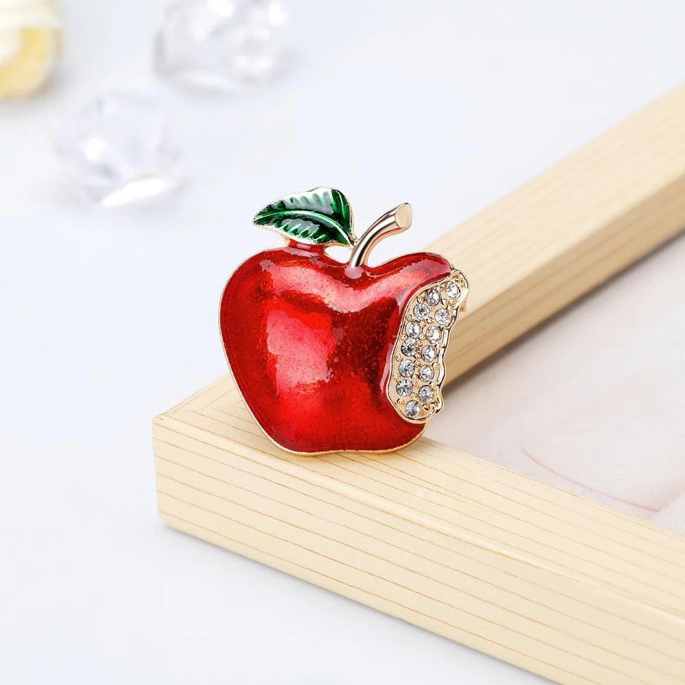 Cute Red Enamel Apple Brooch With Rhinestone Bite, Gold Alloy Christmas Lapel Pin Corsage Gift