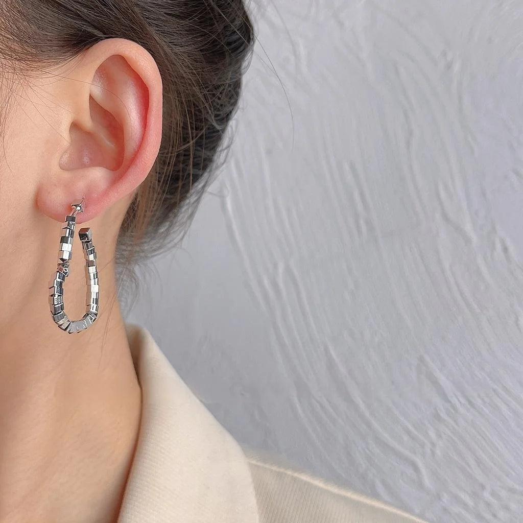 Handmade Metal Hollow Heart Beaded Stud Earrings, Premium Silver Tone Elegant Women's Jewelry