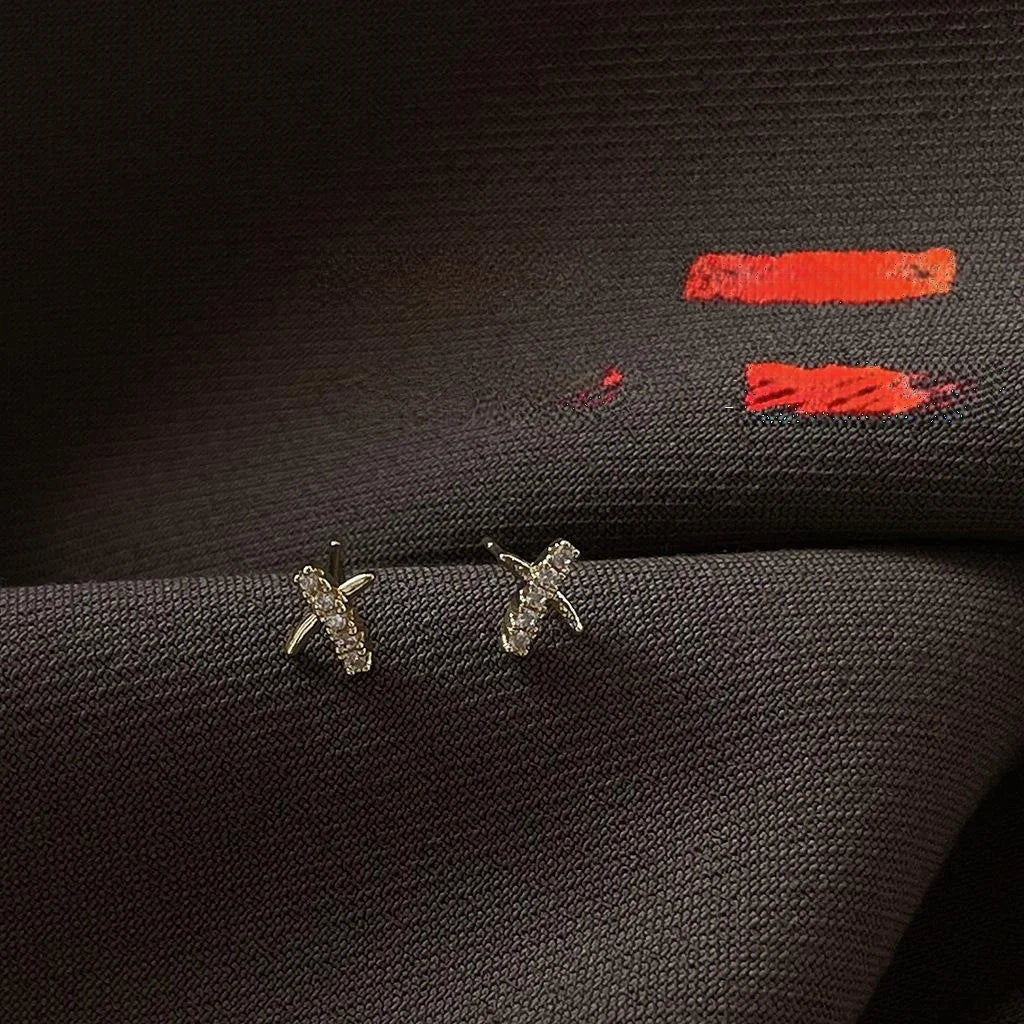 14K Gold Plated Copper Mini Cross Stud Earrings With Micro Pave Zircon Minimalist Geometric Daily Jewelry