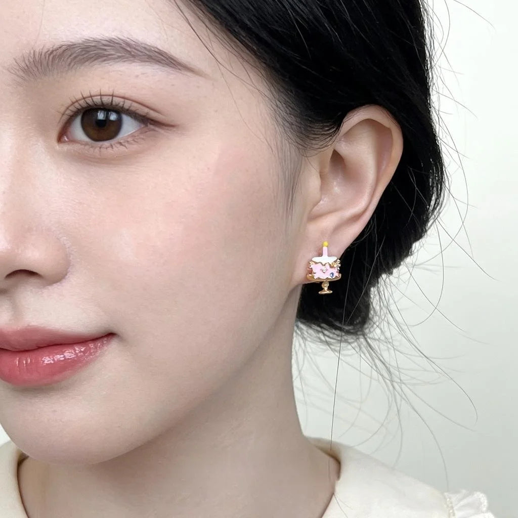 Original Designer Cute Birthday Cake Enamel Painted Copper Zircon Stud Earrings For Women