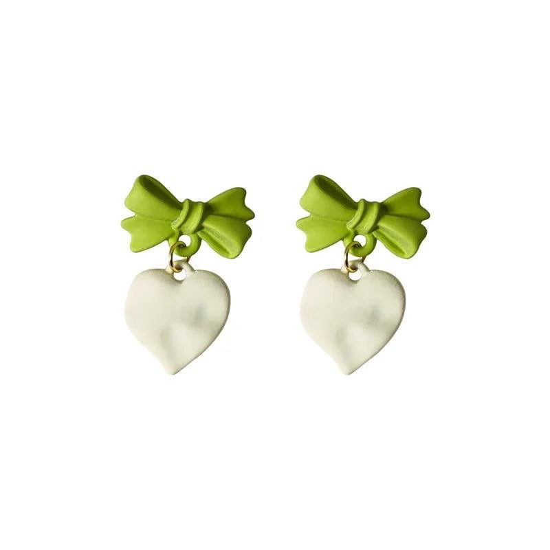 Avocado Green Enamel Bow Heart Stud Earrings Silver Plated Metal Style