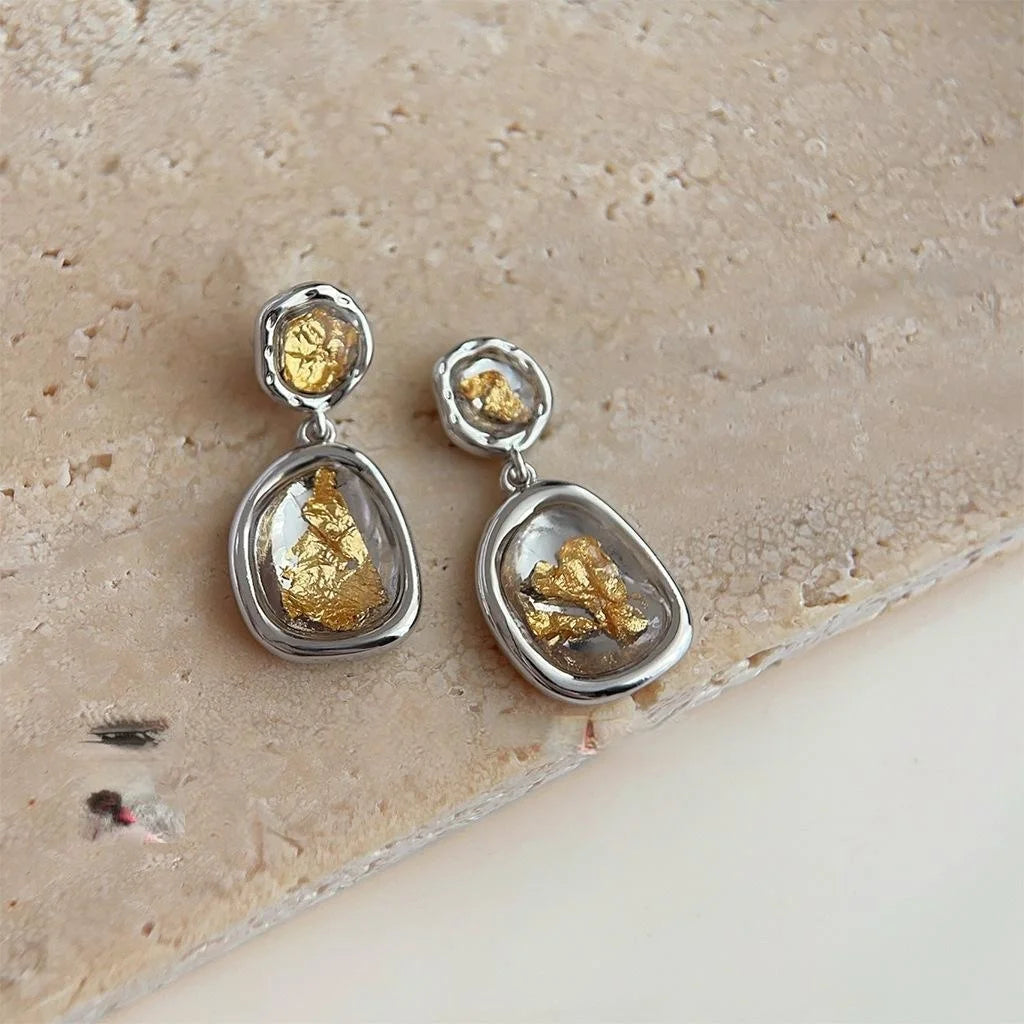 Designer Geometric Gold Foil Texture Handmade Copper Drop Earrings French Vintage Irregular Minimalist Style