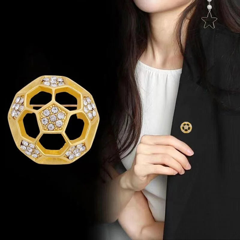 Luxury Gold Alloy Hollow Soccer Ball Rhinestone Brooch, World Cup Fan Lapel Pin Suit Accessory Gift