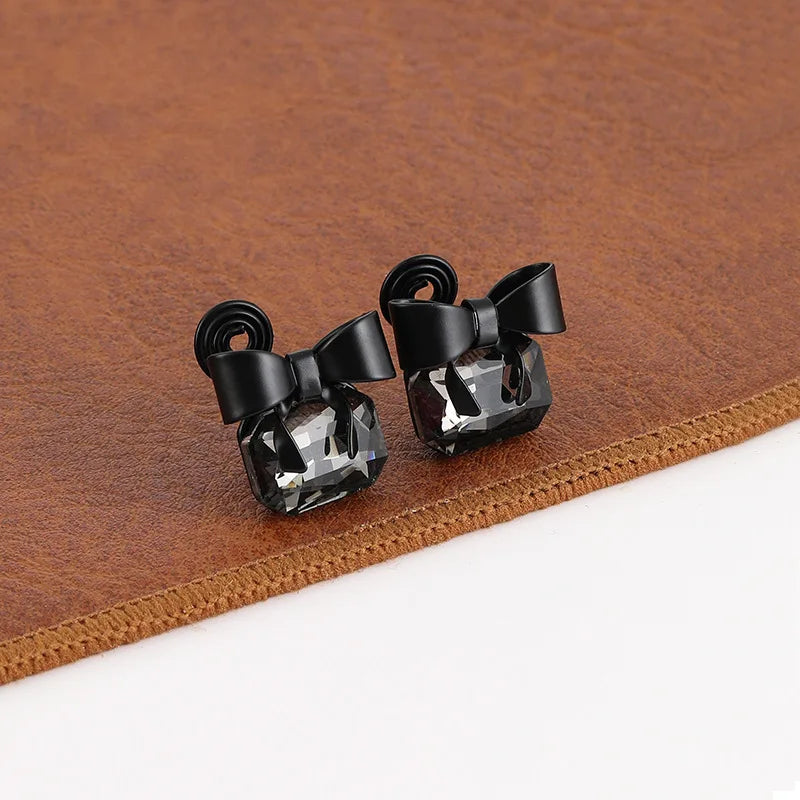 Black Bow Square Crystal Alloy Stud & Clip On No Piercing Elegant Minimalist Fashion Earrings