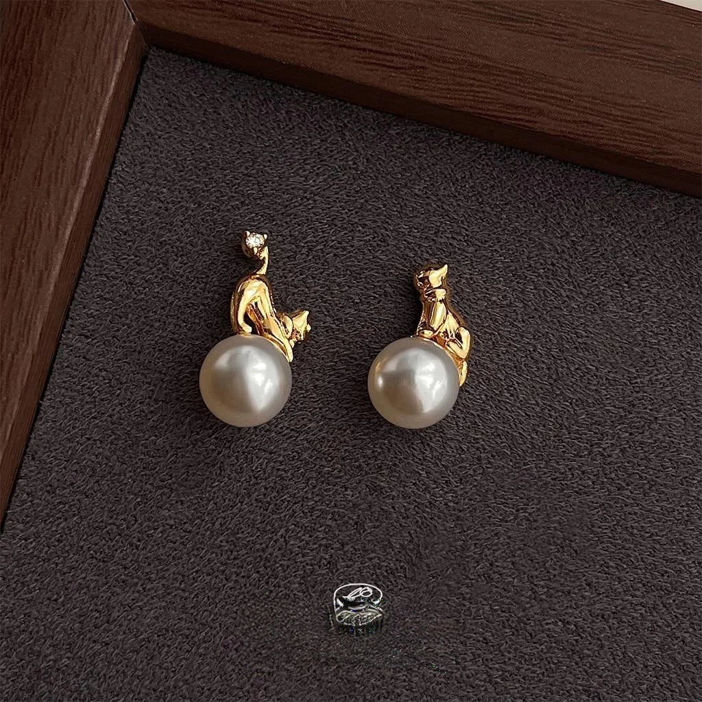 14K Gold Plated Copper Pearl Asymmetric Cat Stud Earrings For Women Instagram Style Animal Jewelry