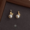 14K Gold Plated Copper Pearl Asymmetric Cat Stud Earrings For Women Instagram Style Animal Jewelry