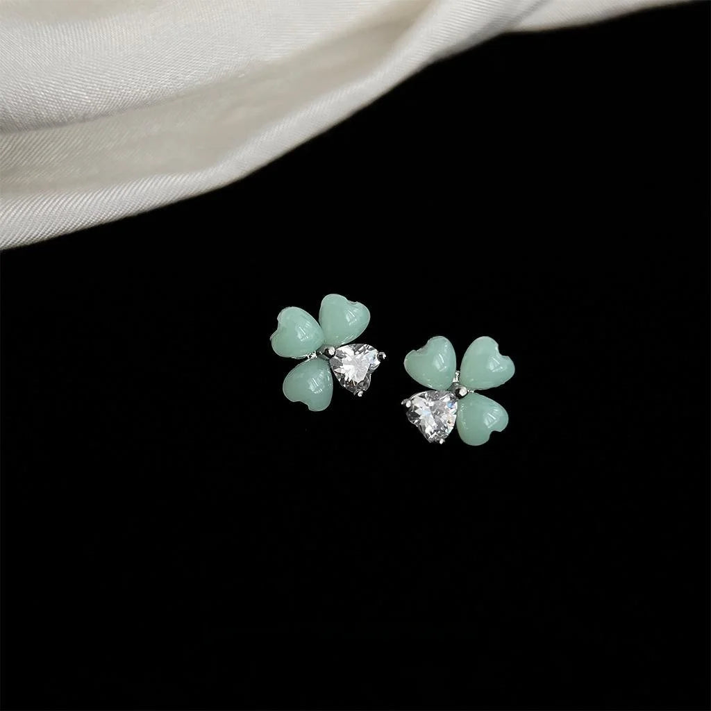 Mint Green Flower Stud Earrings With Zircon Inlay Resin Copper Sweet Fresh Style
