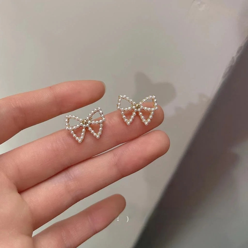 Cute Pearl Bow Stud Earrings 14K Plated Alloy Simple Sweet Jewelry