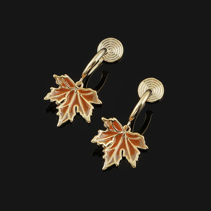 Elegant Chinese Style Gold Tone Enamel Maple Leaf Alloy Drop Stud & Clip On No Piercing Earrings