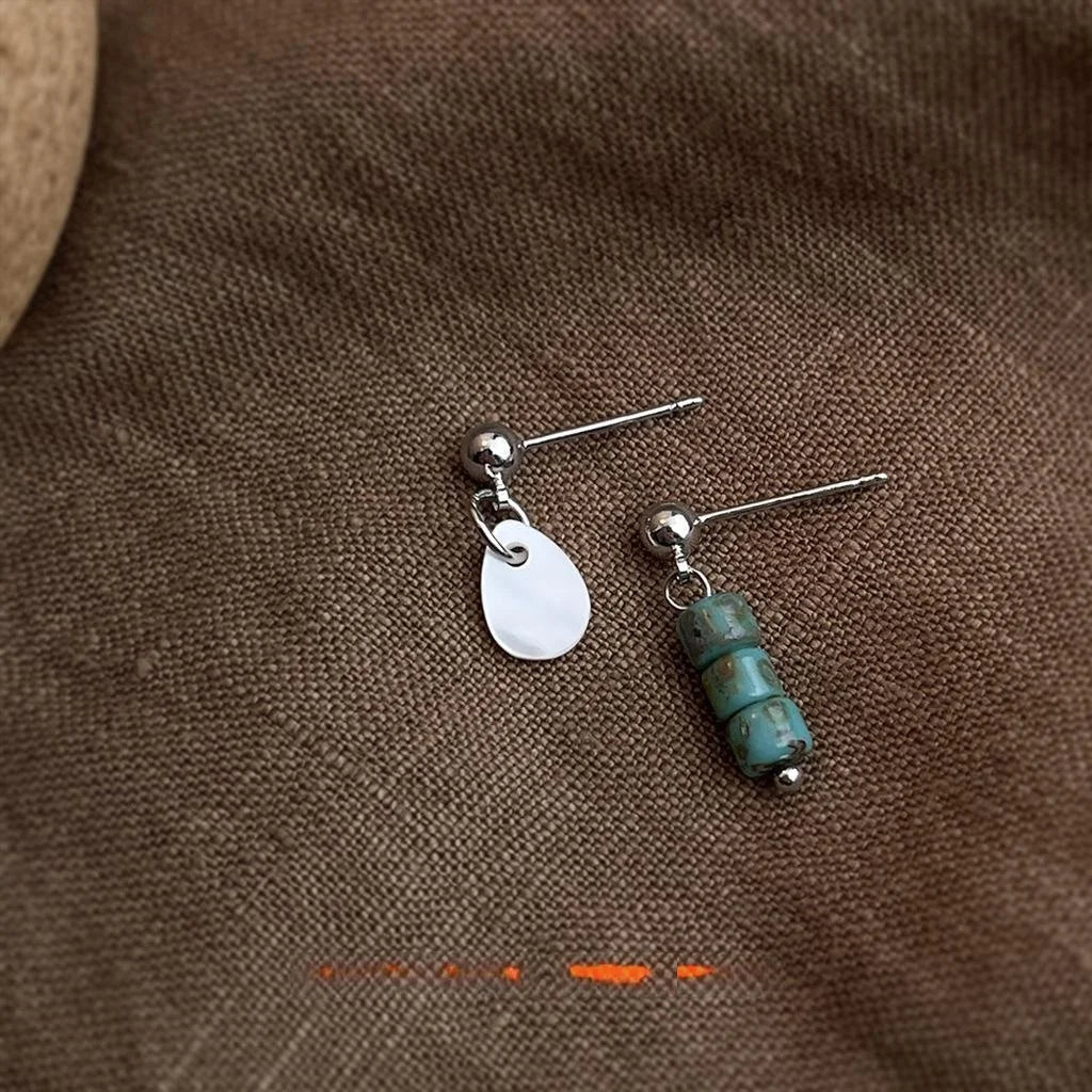 Vintage New Chinese Asymmetric Teardrop Shell Glazed Glass Handmade Drop Earrings