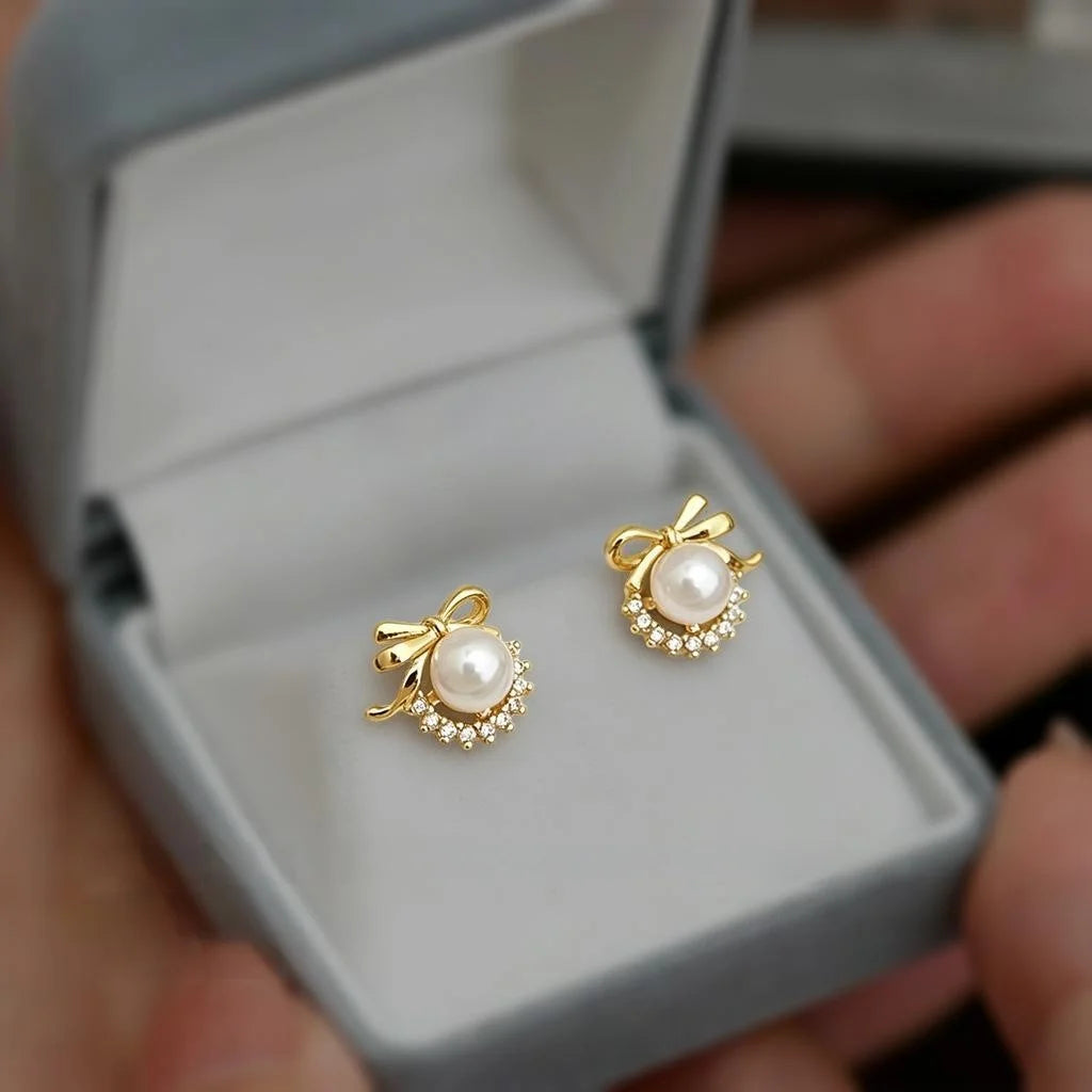 Copper Micro Pave Zircon Bow Pearl Stud Earrings, Sweet Princess Style Mini Jewelry