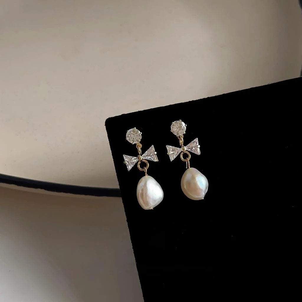 Vintage Baroque Freshwater Pearl Bow Drop Earrings With Zircon And Silver Plated Pins