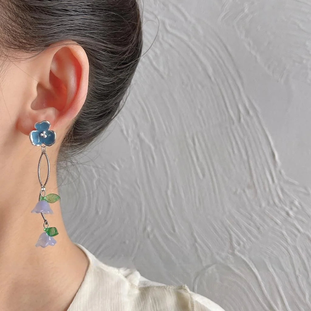 Fresh Forest Style Lily Of The Valley Flower Tassel Stud Earrings Copper Handmade Glass Dangle Jewelry