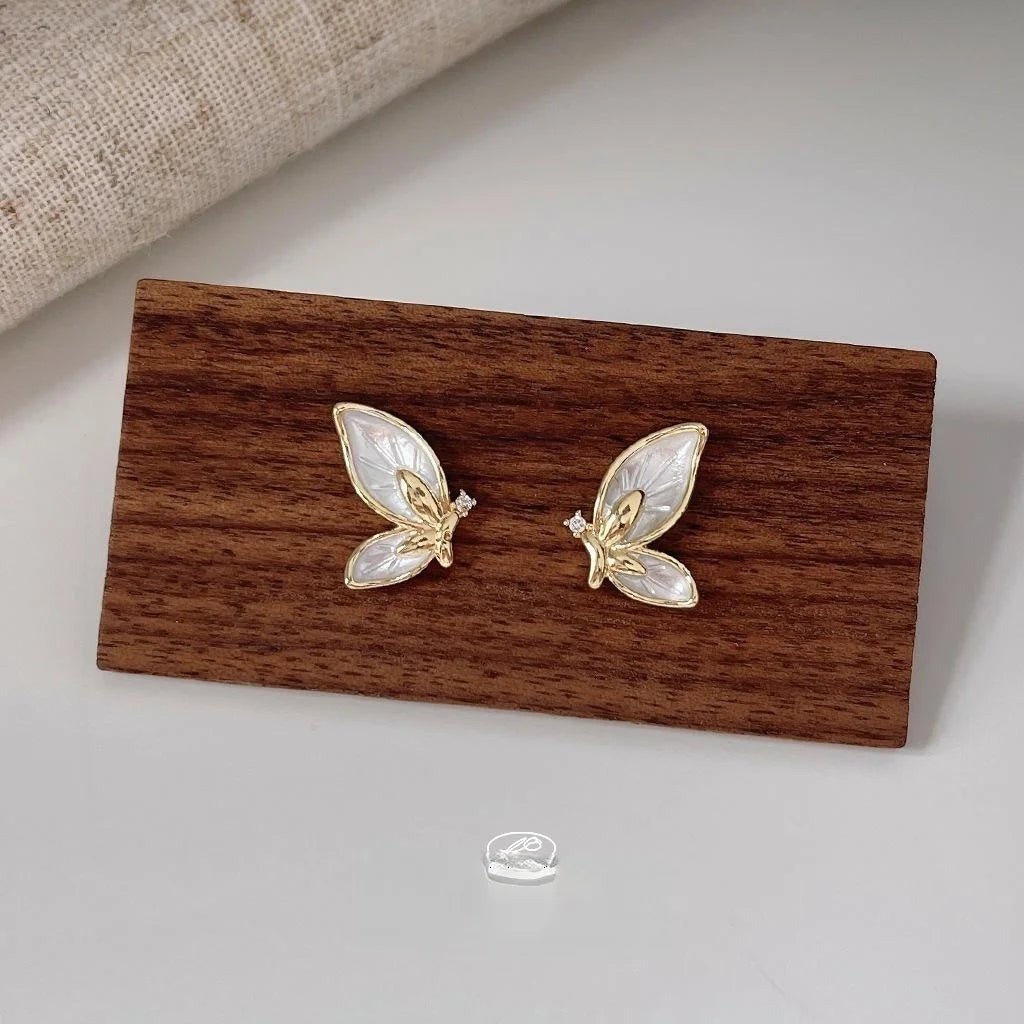 14K Plated Copper Butterfly Stud Earrings, Korean Japanese Elegant Jewelry