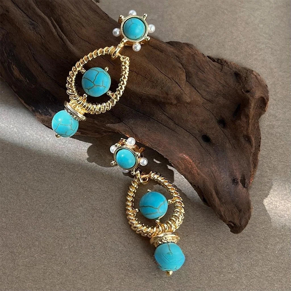 Vintage French High Luster Pearl Synthetic Turquoise Hollow Teardrop Drop Earrings