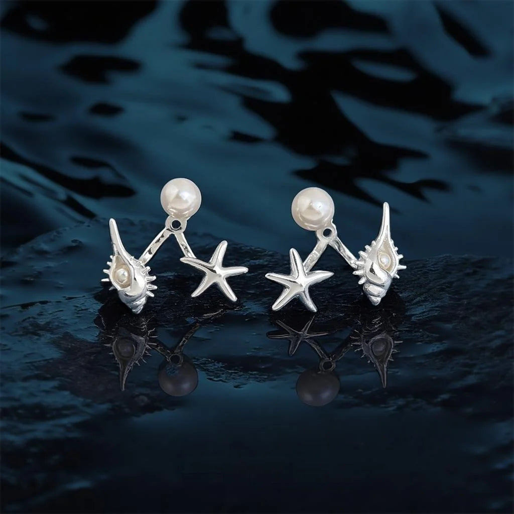 Vacation Style Conch Starfish Back Hanging Stud Earrings Copper Beach Jewelry