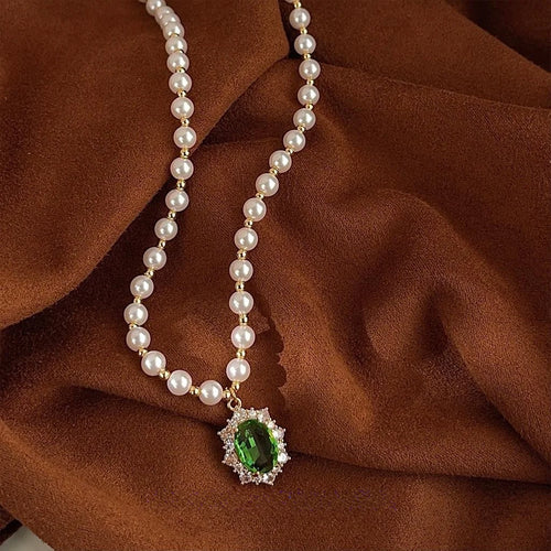 Glass Pearl Zircon Inlaid Geometric Collarbone Necklace For Women Elegant Sweater Chain