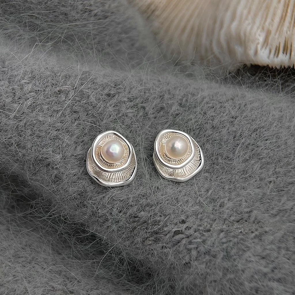14K Plated Copper Freshwater Pearl Geometric Stud Earrings Artistic Designer Style