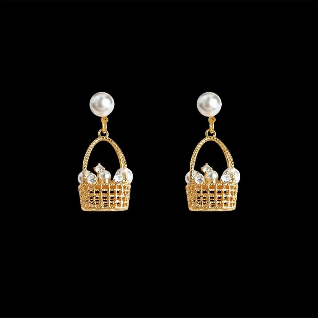 Pastoral Flower Basket Drop Earrings With Pearl Zircon Micro Pave Copper