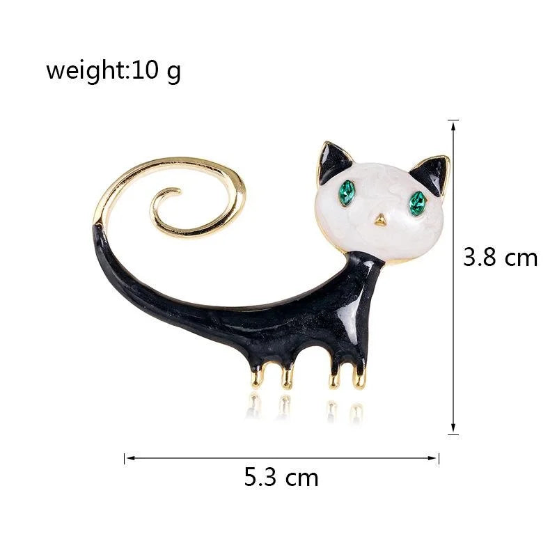Cute Enamel Curled Tail Cat Brooch Alloy Rhinestone Animal Lapel Pin For Coat Suit Gift