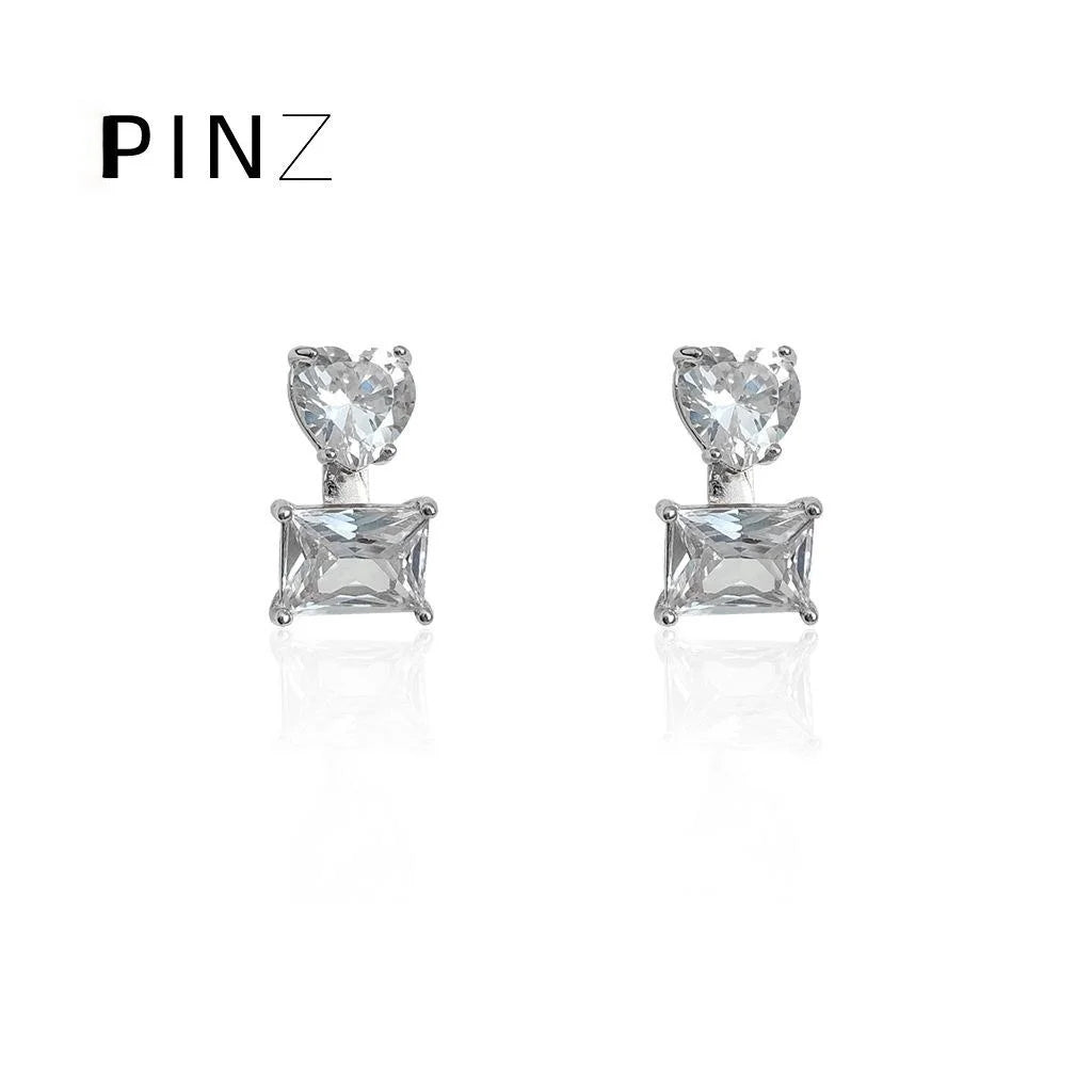 18K Gold Plated Copper Zircon Square Heart Geometric Stud Earrings Minimalist Luxury Jewelry