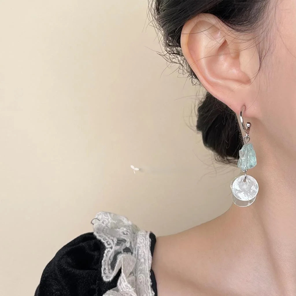 Premium Summer Natural Stone Blue Crystal Shell Geometric Tassel Drop Earrings