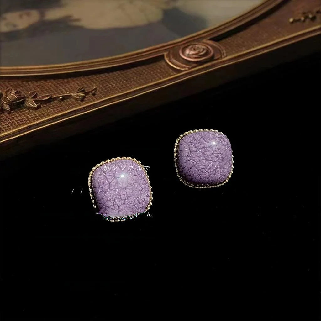 Taro Purple Square Alloy Stud Earrings French Vintage Crackle Geometric Palace Style Jewelry