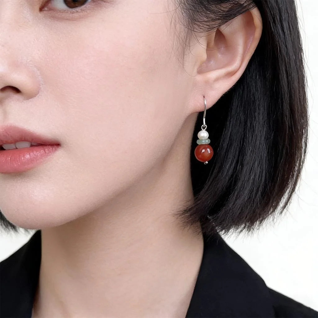 Vintage Palace Style Freshwater Pearl Red Agate Aventurine Geometric Round Drop Earrings