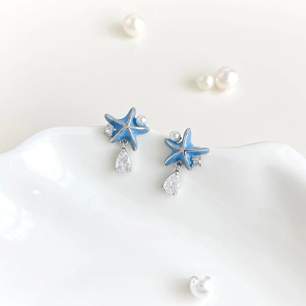 Eco Copper Enamel Starfish Stud Earrings With Micro Pave Zircon Korean Sweet Style