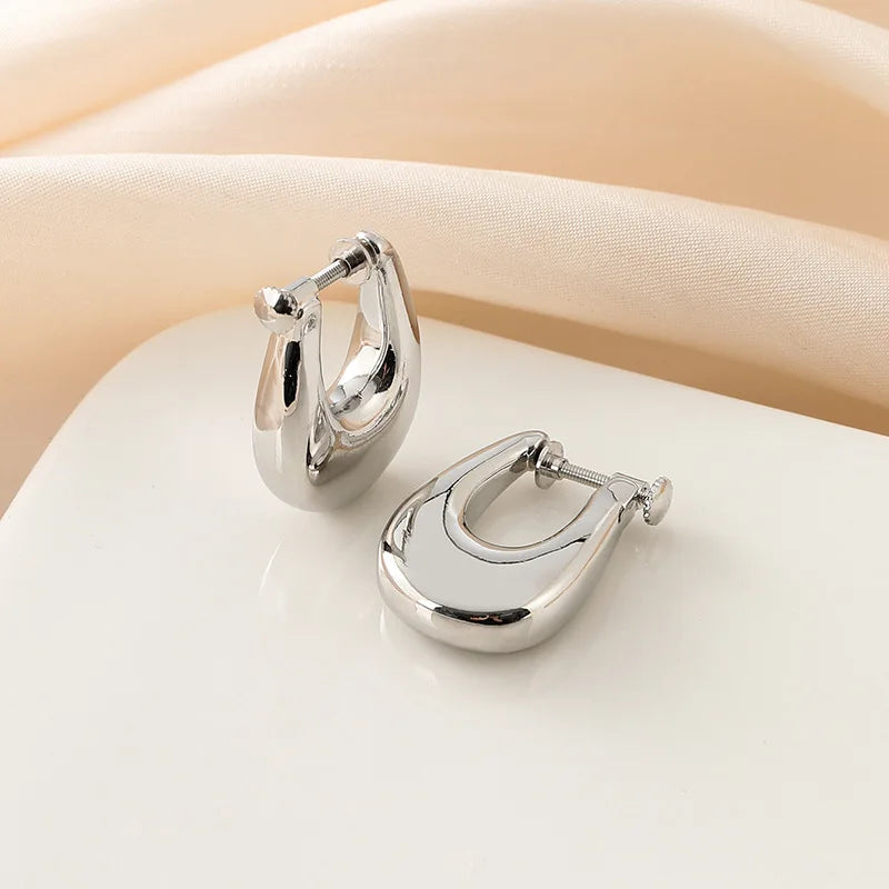Elegant Silver Alloy Geometric Teardrop Hoop Stud & Clip On No Piercing Commuter Ear Cuff Earrings