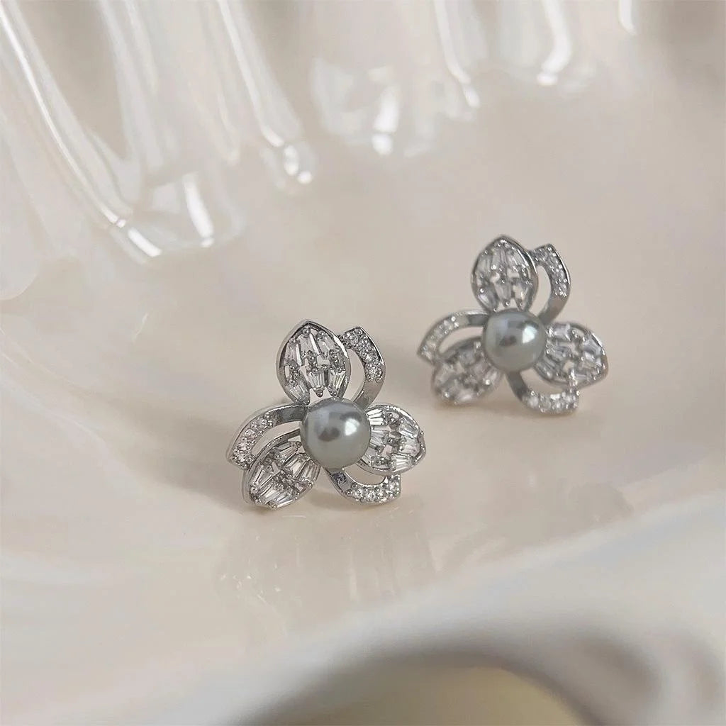 French Luxury Floral Zircon Pave Drop Earrings With Gray Glass Pearl Copper Flower Jewelry