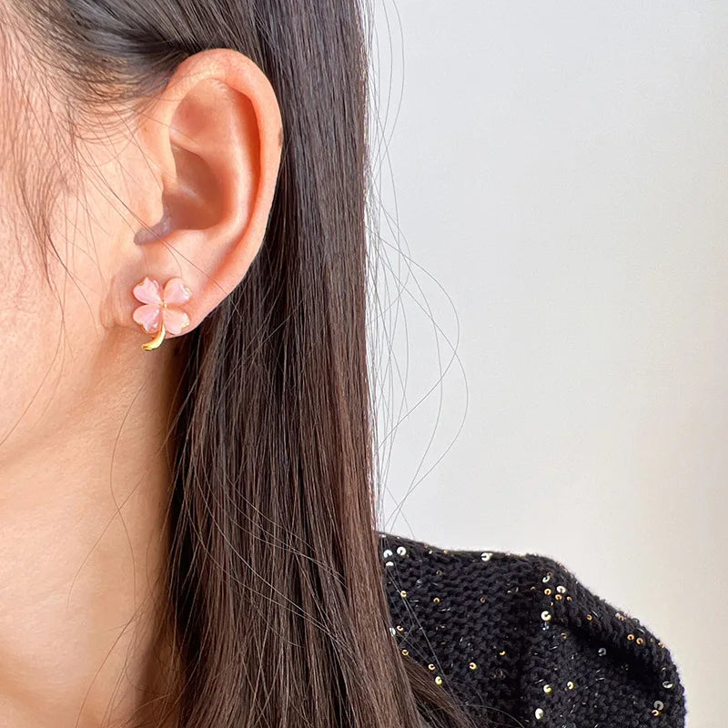 Elegant Pink Cat Eye Clover Alloy Stud & Clip On No Piercing Lucky Four Leaf Flower Earrings