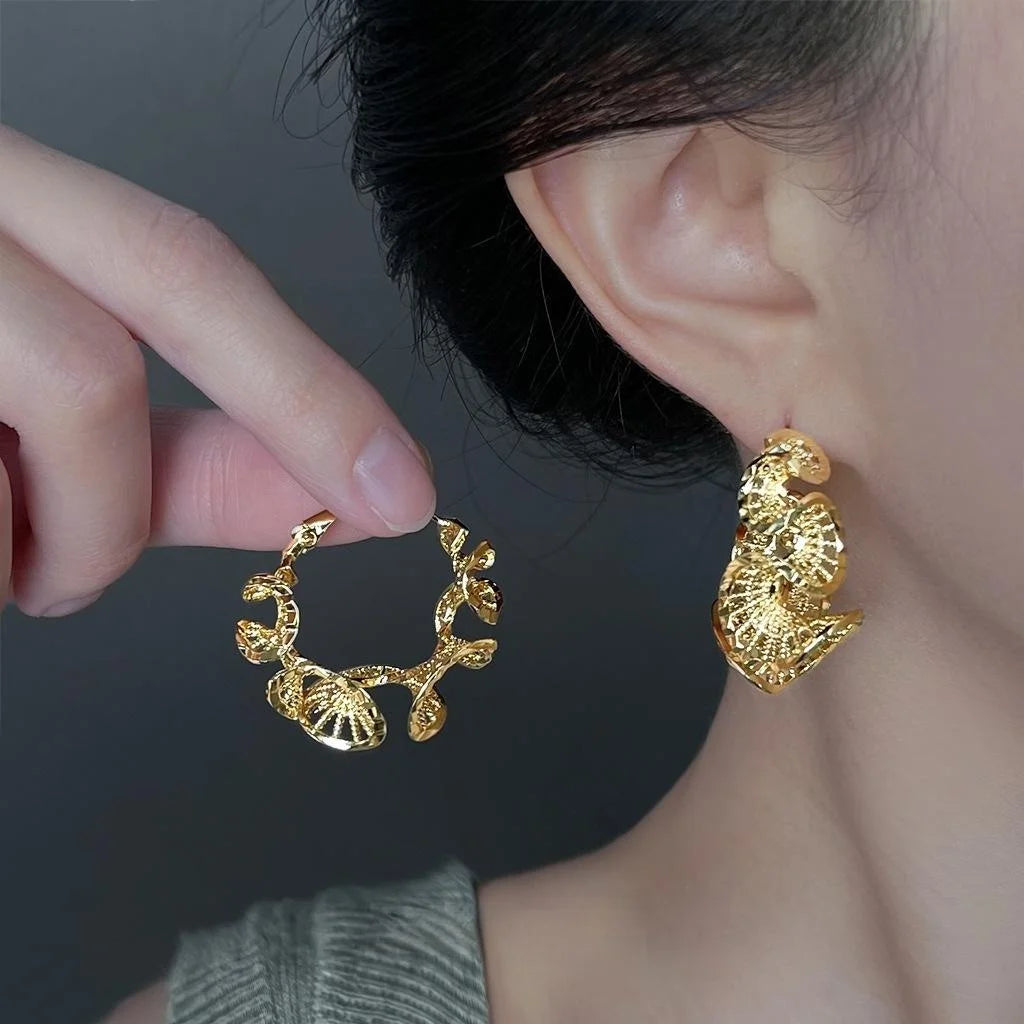 Premium Copper Lace Floral Geometric Twisted Hoop Earrings Heavy Texture Fashion Jewelry