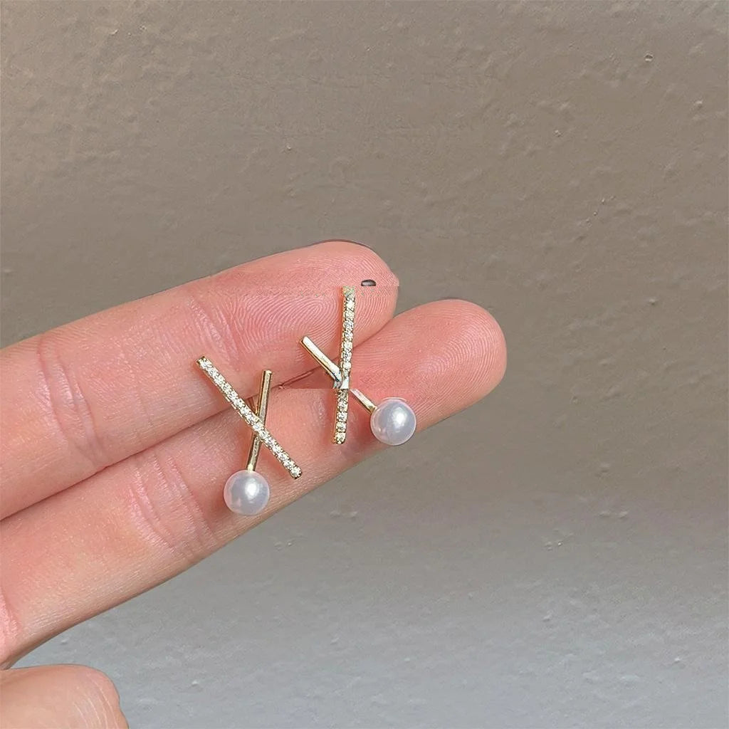 14K Gold Plated Copper Cross Stud Earrings With Micro Pave Zircon Minimalist Geometric Line Jewelry