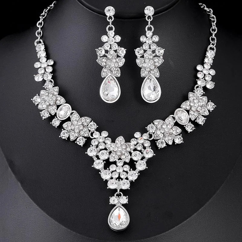Luxury Bridal Rhinestone Flower Drop Earrings And Necklace Jewelry Set For Wedding Banquet Gift