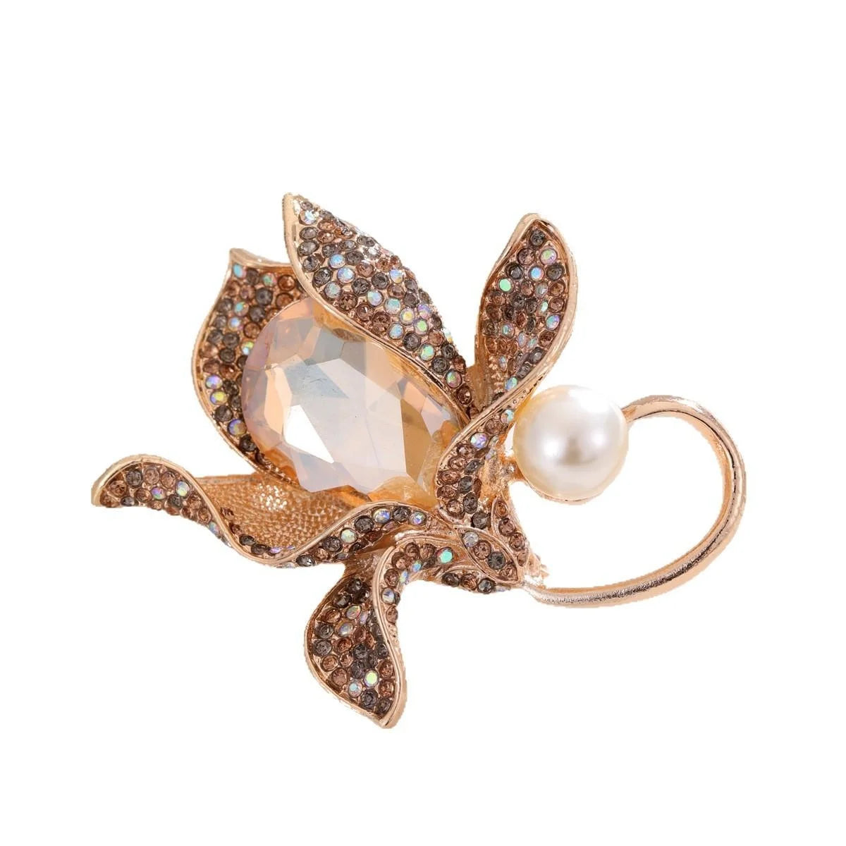 Elegant Vintage Orchid Flower Brooch With Crystal Rhinestones And Pearl, Luxury Copper Alloy Lapel Pin Gift