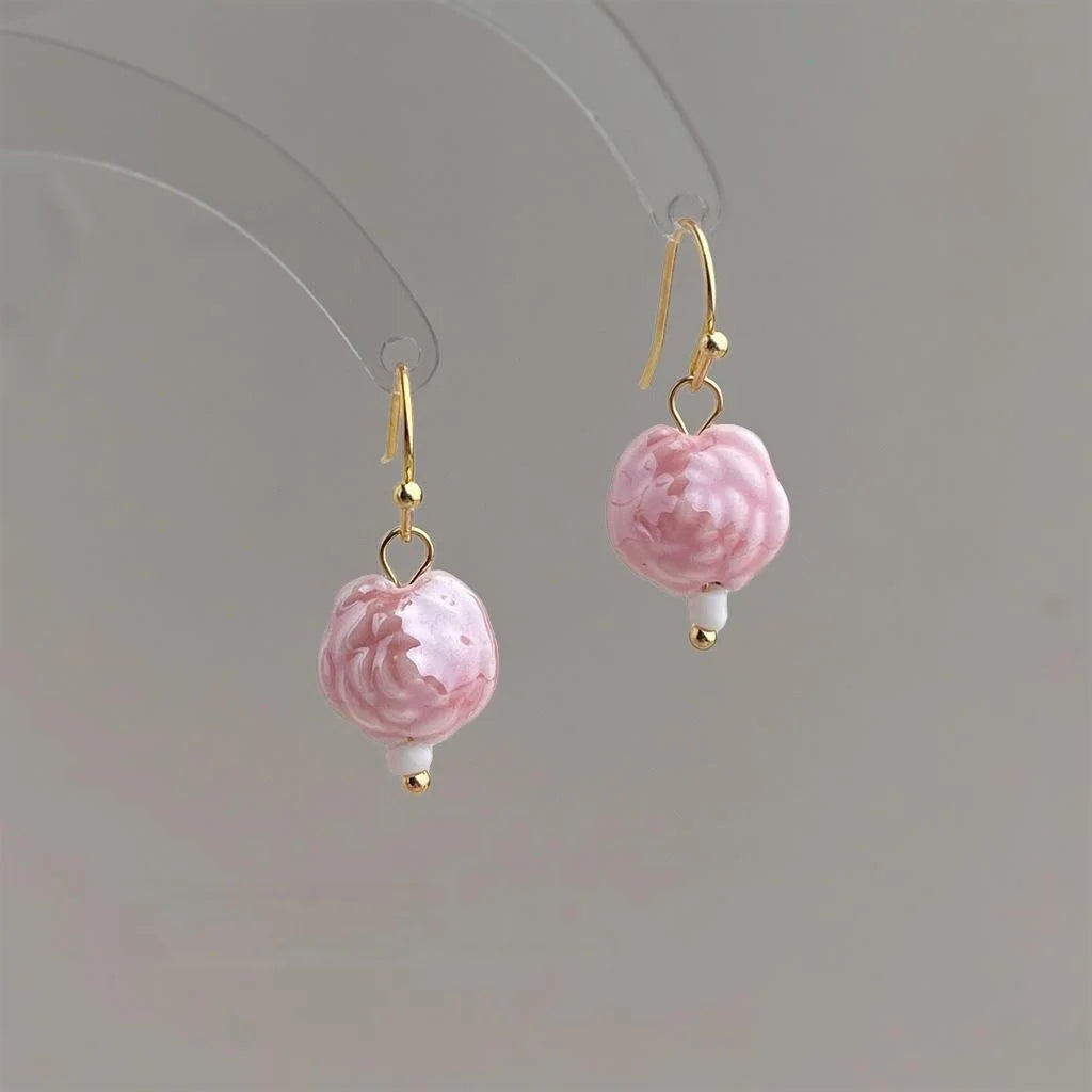 Handmade Ceramic Rose Flower Drop Earrings Minimalist Elegant Floral Jewelry