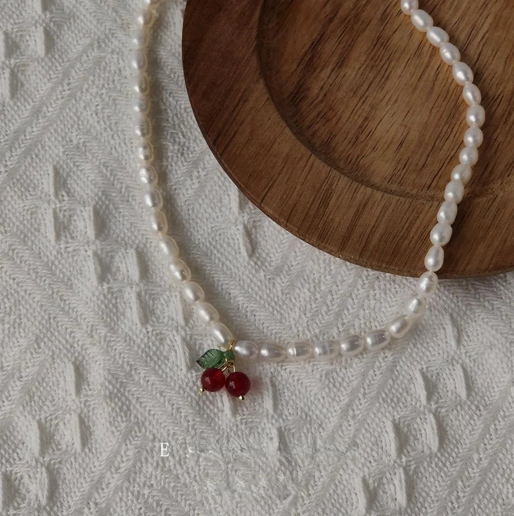 French Vintage Freshwater Pearl Cherry Copper Choker Necklace For Women