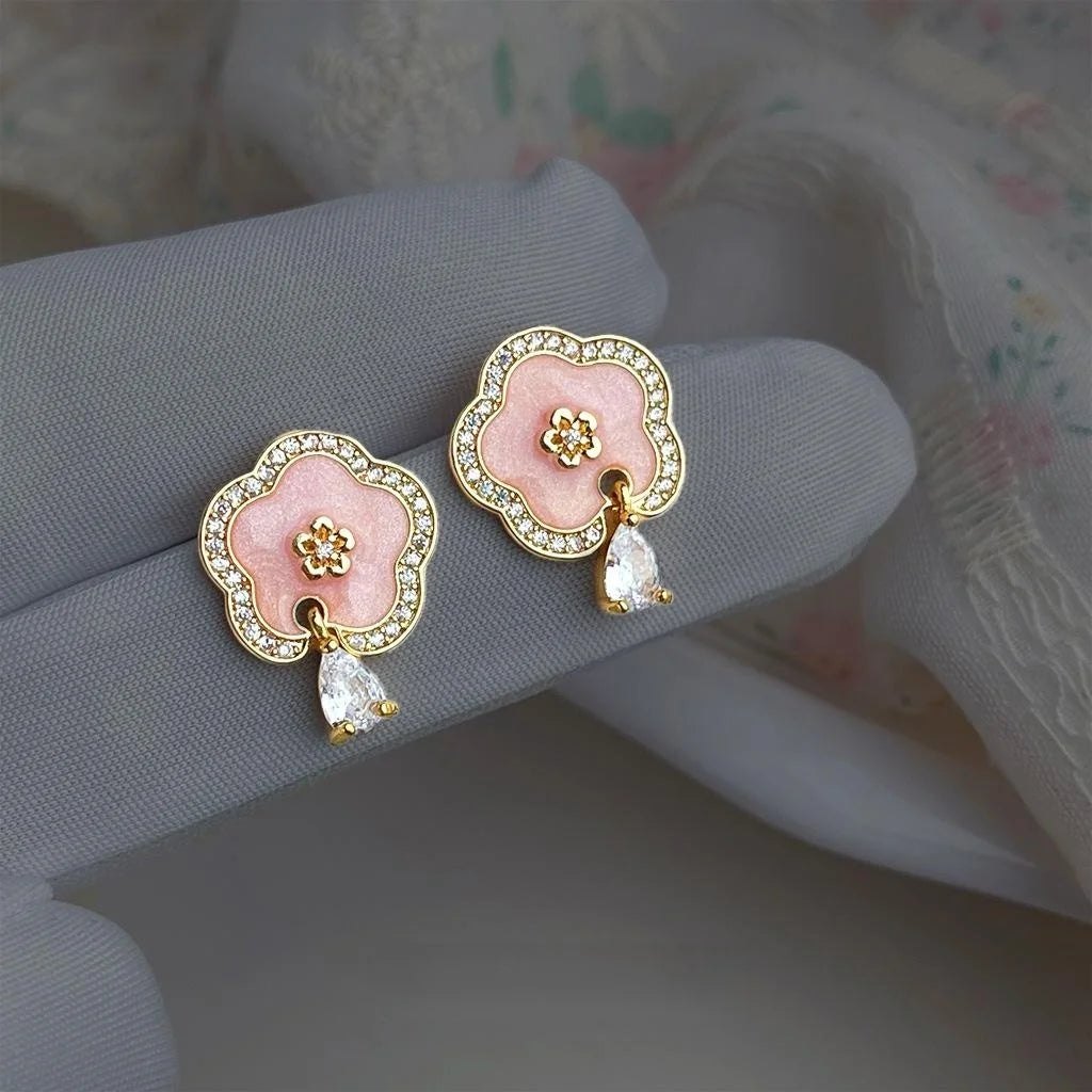 Original Plum Blossom Micro Pave Zircon 14K Plated Enamel Pink Flower Copper Drop Earrings